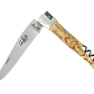 Couteau pliant 12cm avec tire-bouchon en bouleau, mitres inox finition brillante