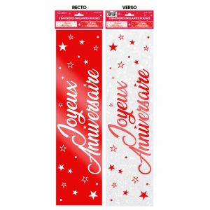 2 BANNIERES JOYEUX ANNIVERSAIRE METAL ROUGE 61CMX16CM
