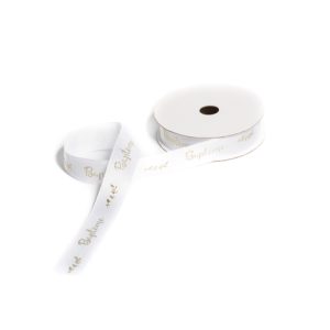 RUBAN BAPTÊME SATIN BLANC FLOQUÉ OR 1.9 CM X 10 M