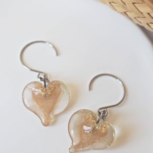Bouces d’oreilles Coeurs – Aventurine – Perle en verre filé